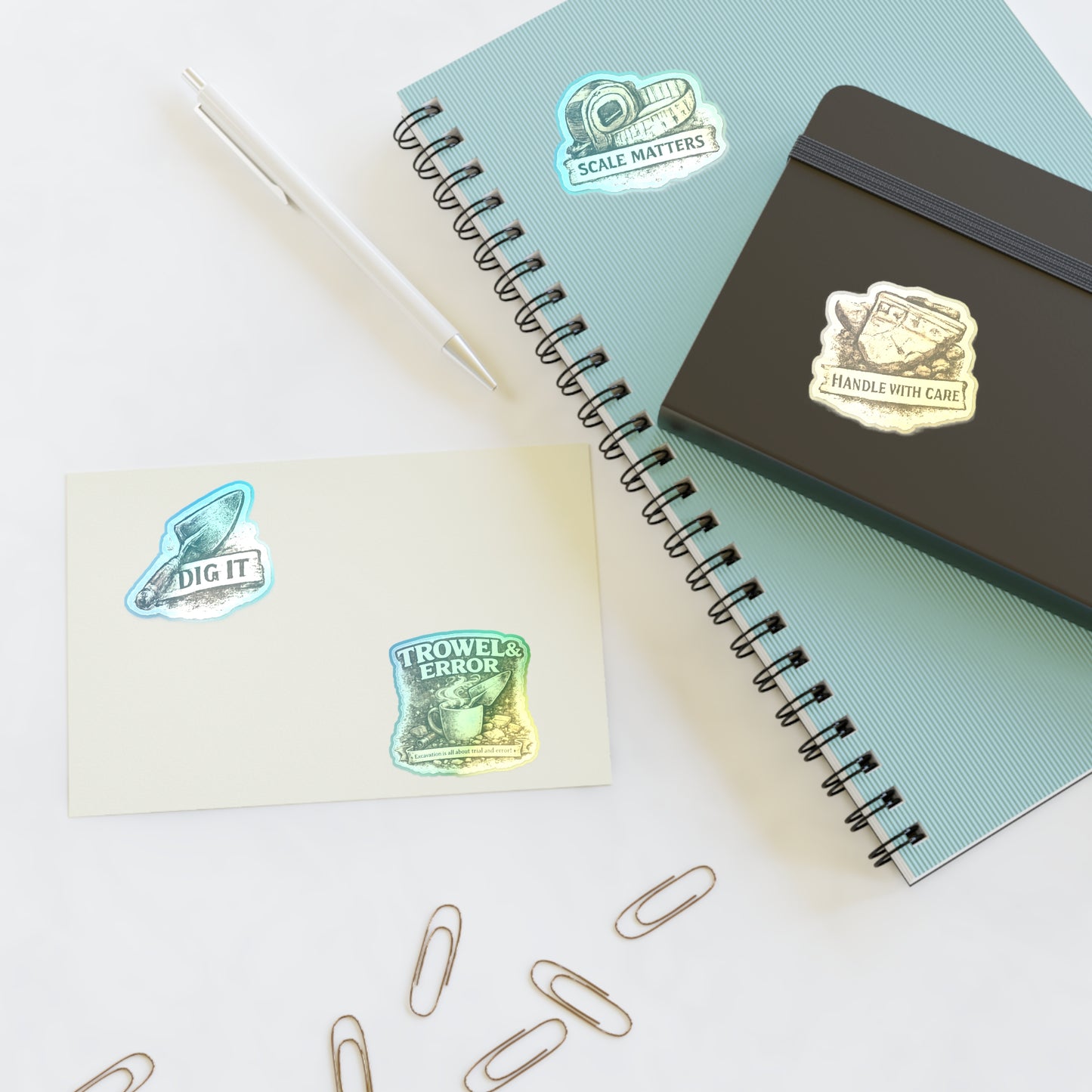 Archaeology Tool Sticker Sheet — Dig It, Scale Matters, Trowel & Error Decals