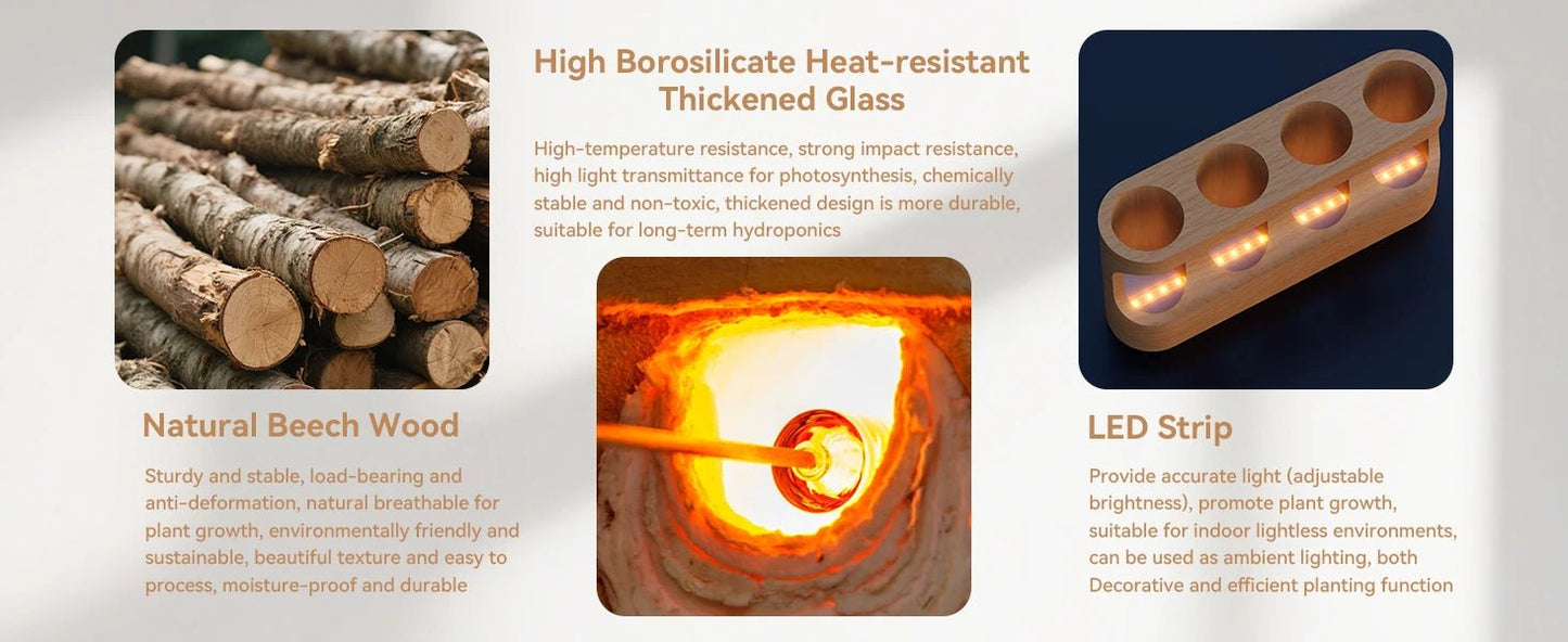 LED Plant Propagation Station — Wooden Stand with 4 Glass Test Tubes & Adjustable Grow Light