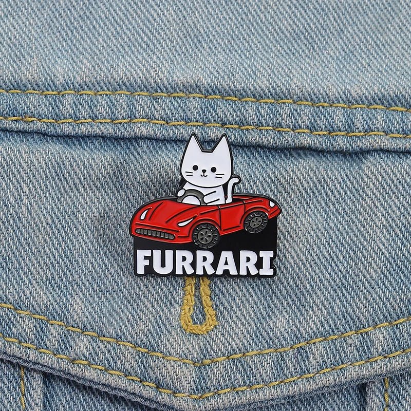 Supercar Cat Enamel Pin — White Cat Driving Sports Car Badge