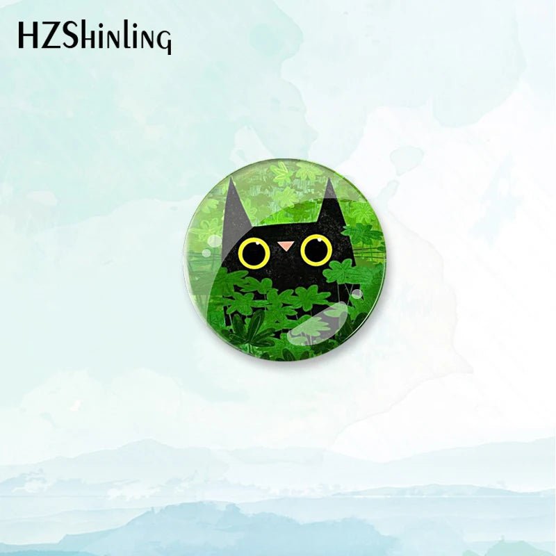 Cat and Plant Badge Brooch — Green Plants & Cats Pin for Backpacks