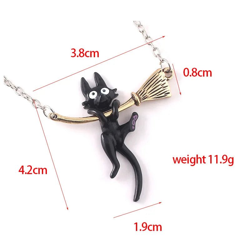 Black Cat on Broomstick Necklace