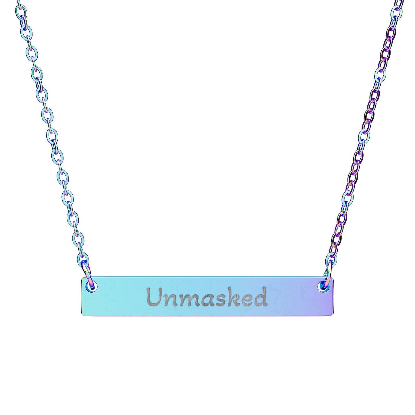"Unmasked" - Engraved Horizontal Bar Necklace - Atlas of Imaginary Worlds