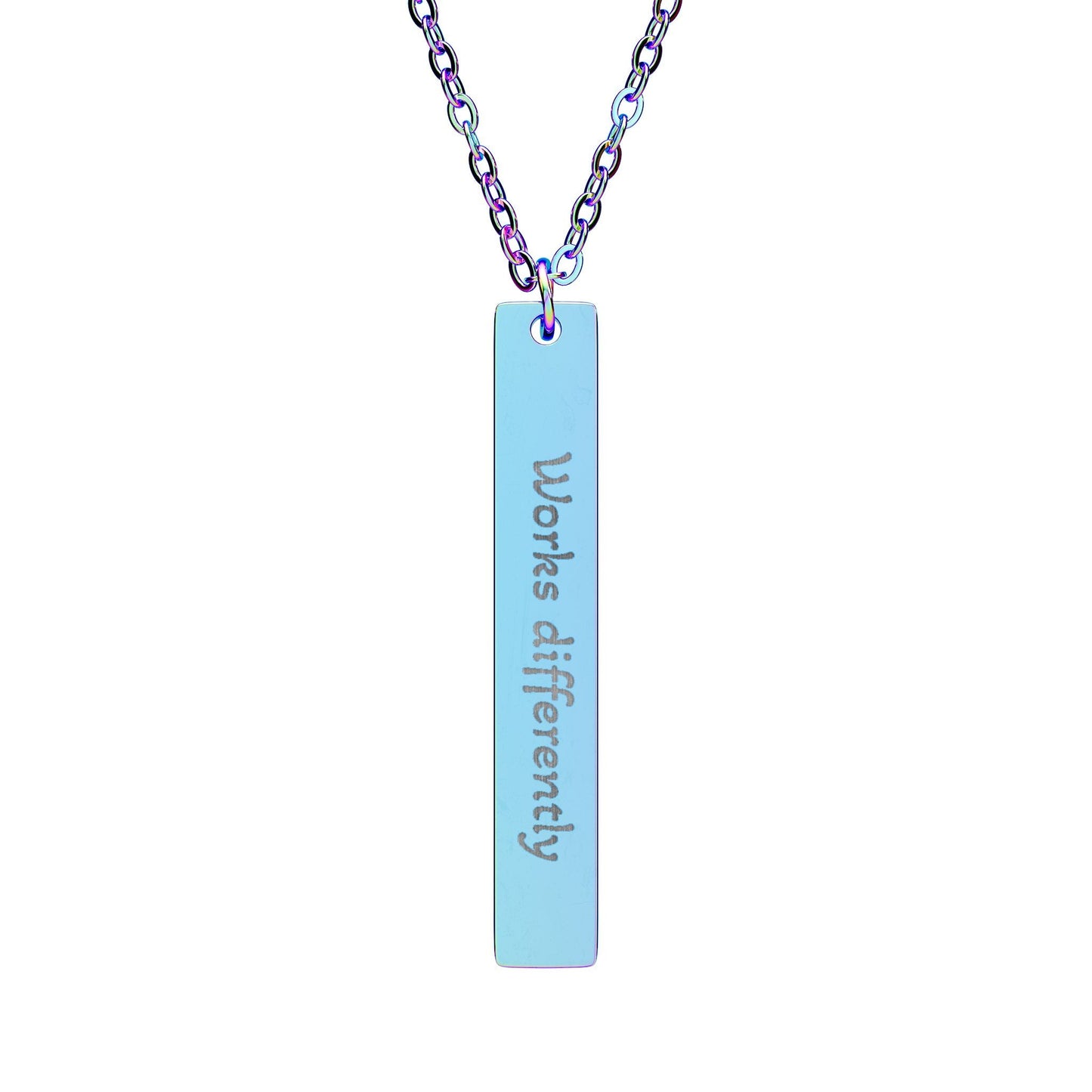 'Works Differently' - Engraved Vertical Bar Necklace - Atlas of Imaginary Worlds