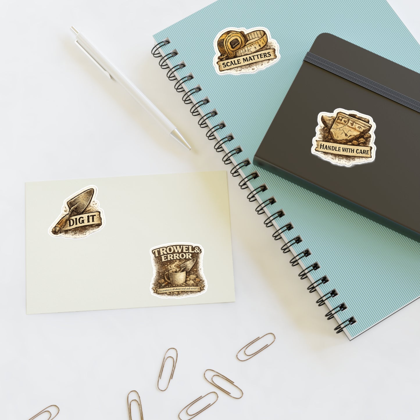 Archaeology Tool Sticker Sheet — Dig It, Scale Matters, Trowel & Error Decals