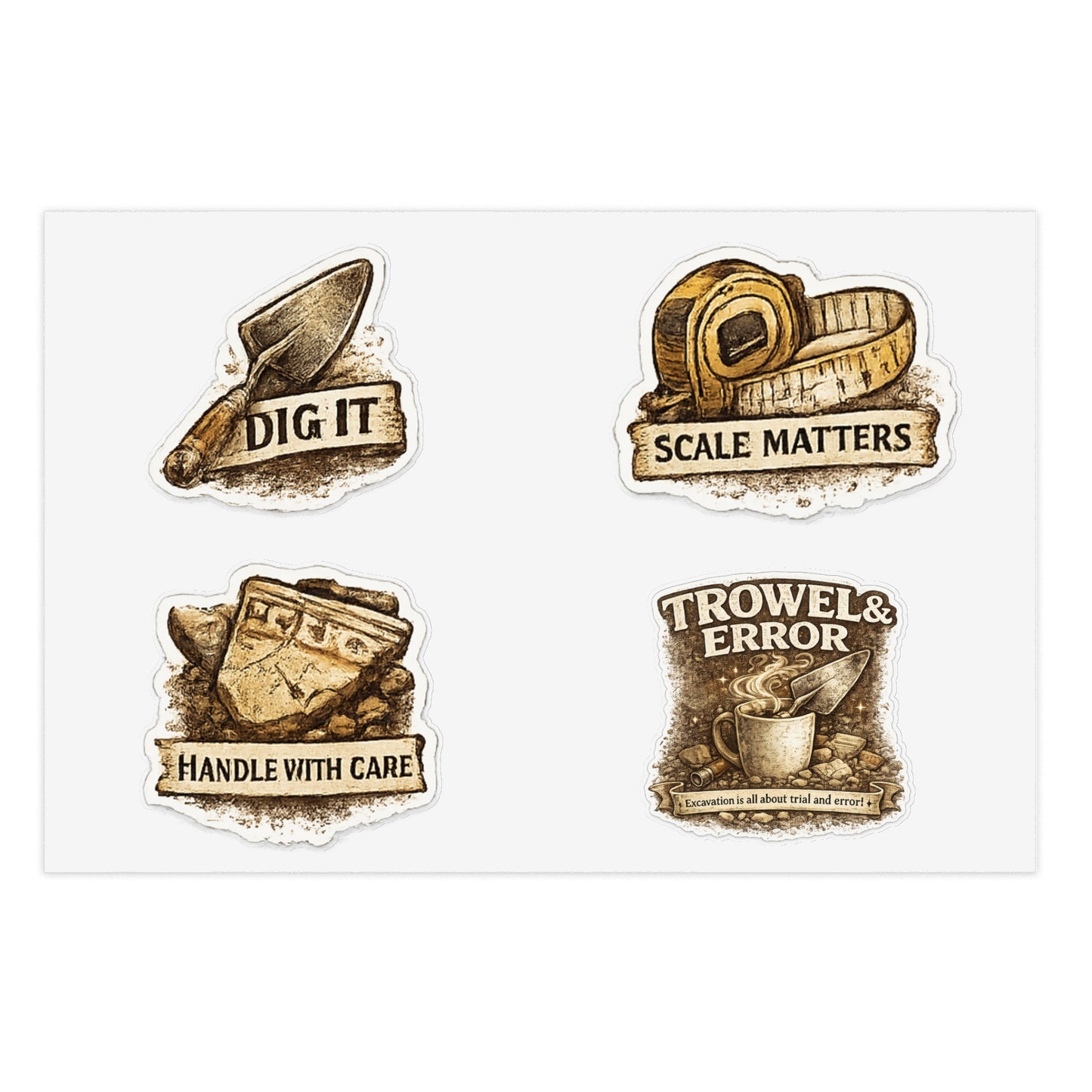 Archaeology Tool Sticker Sheet — Dig It, Scale Matters, Trowel & Error Decals
