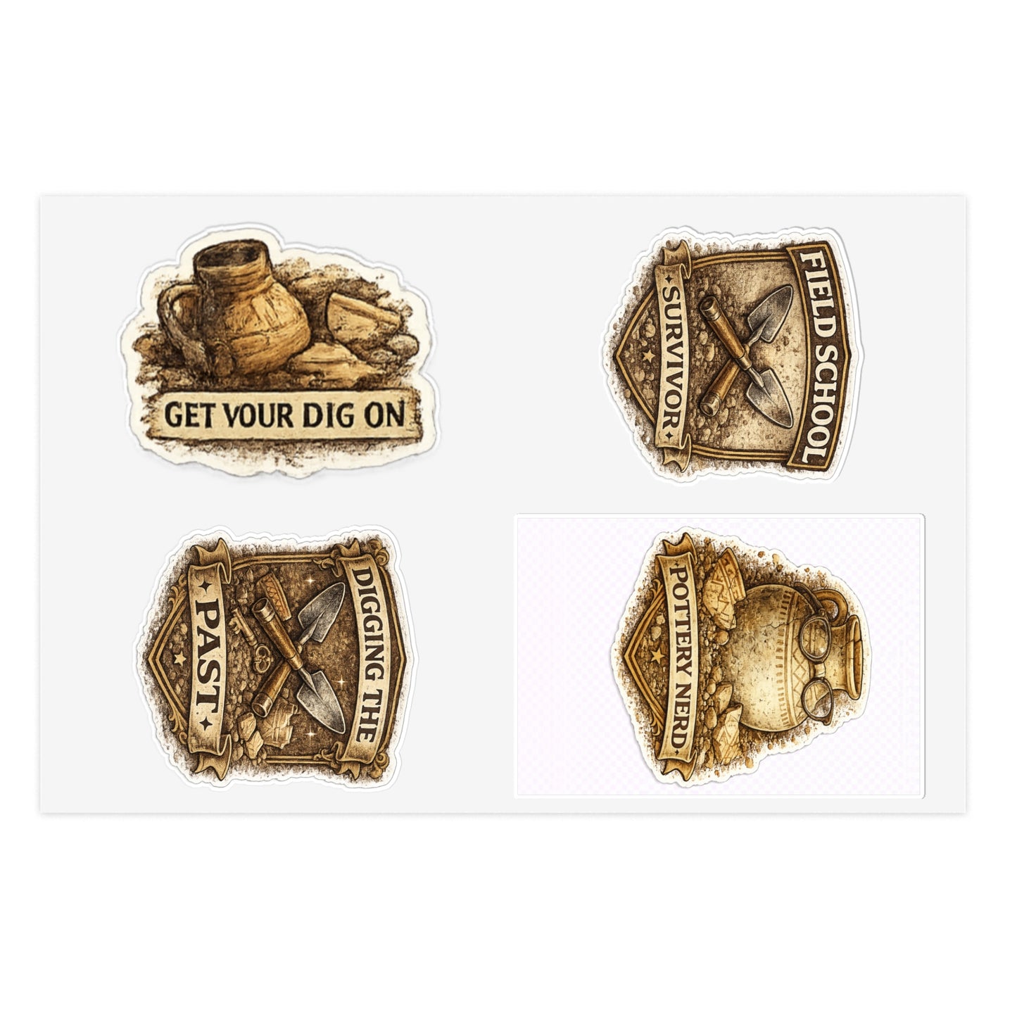 Archaeology Tool Sticker Sheet Series 2 — 'Get Your Dig On', 'Field School Survivor', 'Digging up the Past' and "Pottery Nerd'.