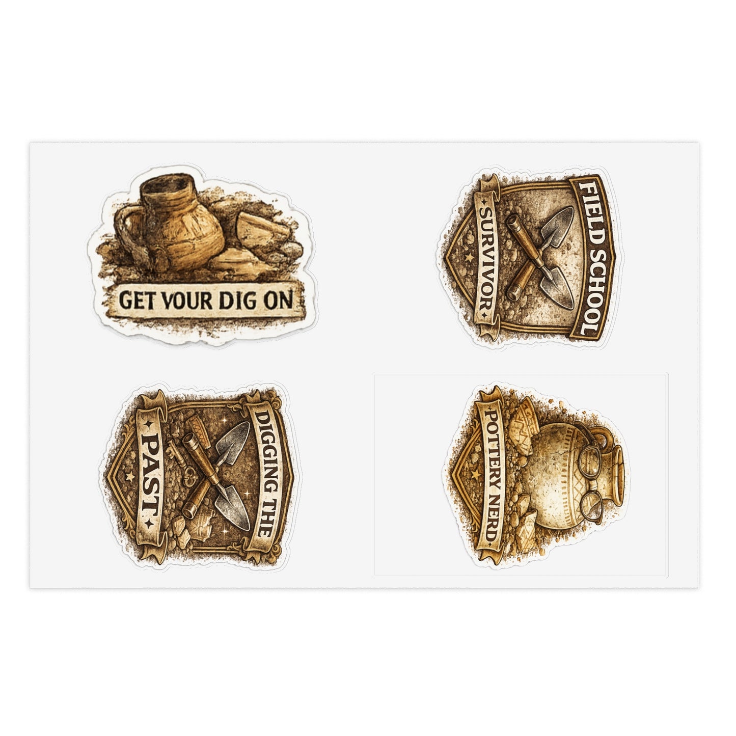 Archaeology Tool Sticker Sheet Series 2 — 'Get Your Dig On', 'Field School Survivor', 'Digging up the Past' and "Pottery Nerd'.