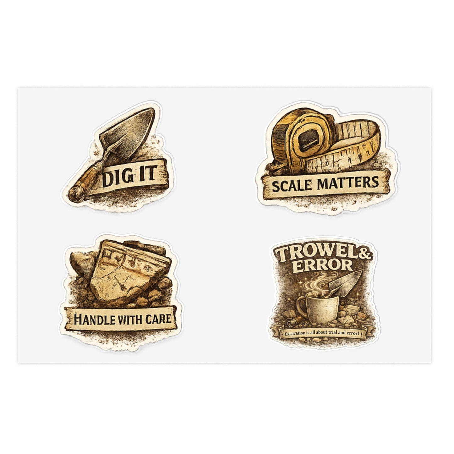 Archaeology Tool Sticker Sheet — Dig It, Scale Matters, Trowel & Error Decals