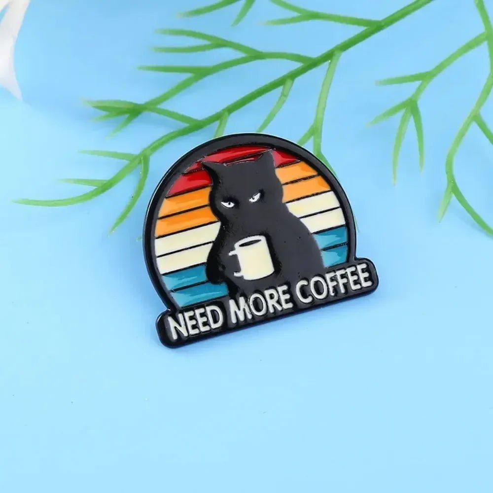 Funny Coffee Black Cat Enamel Pin — Cartoon Animal Badge for Backpacks