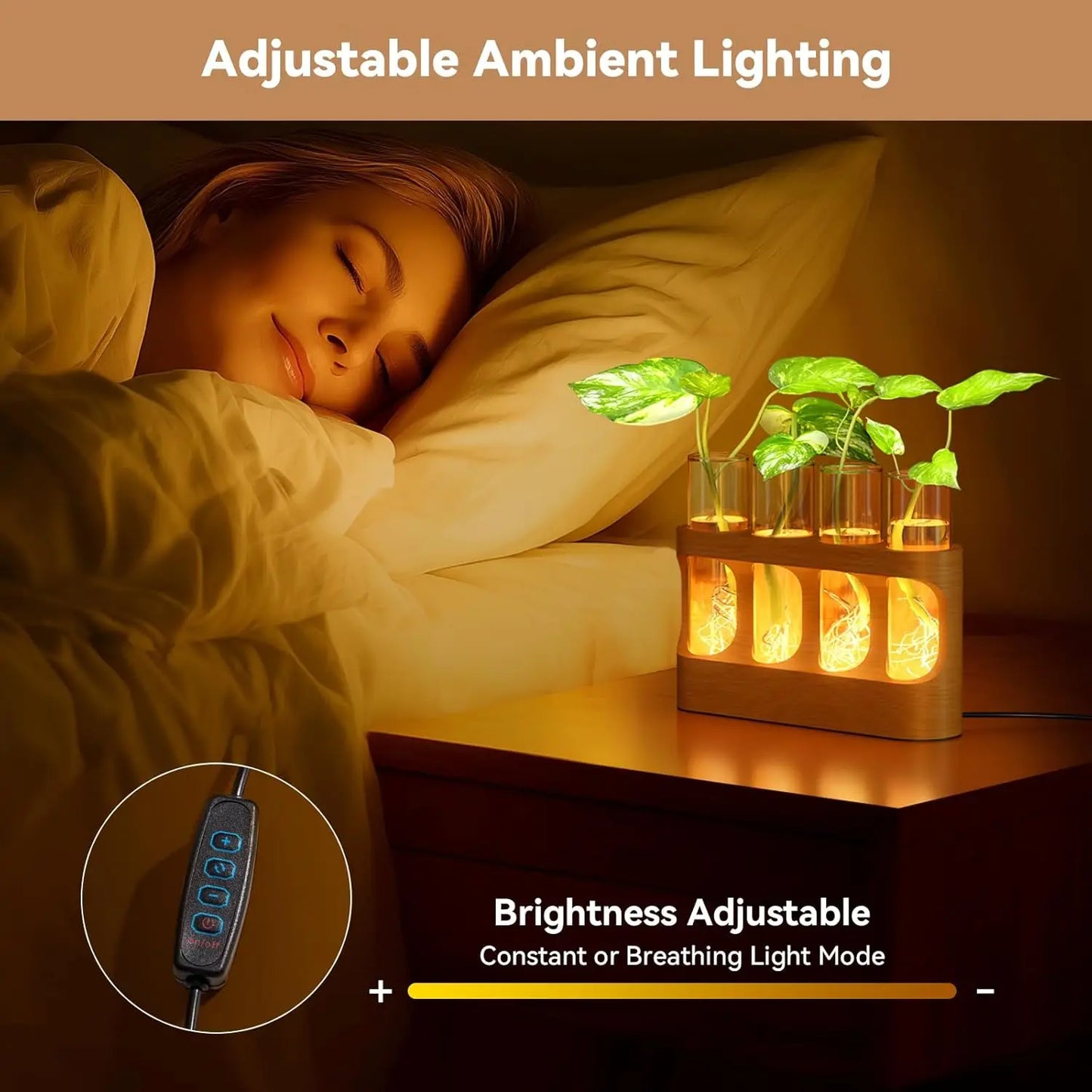 LED Plant Propagation Station — Wooden Stand with 4 Glass Test Tubes & Adjustable Grow Light