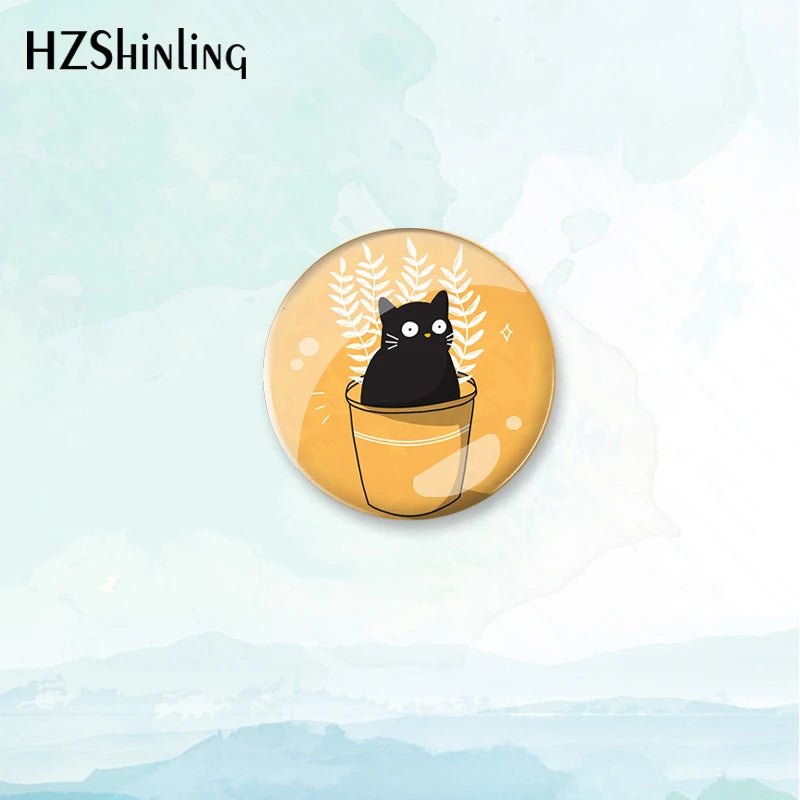 Cat and Plant Badge Brooch — Green Plants & Cats Pin for Backpacks