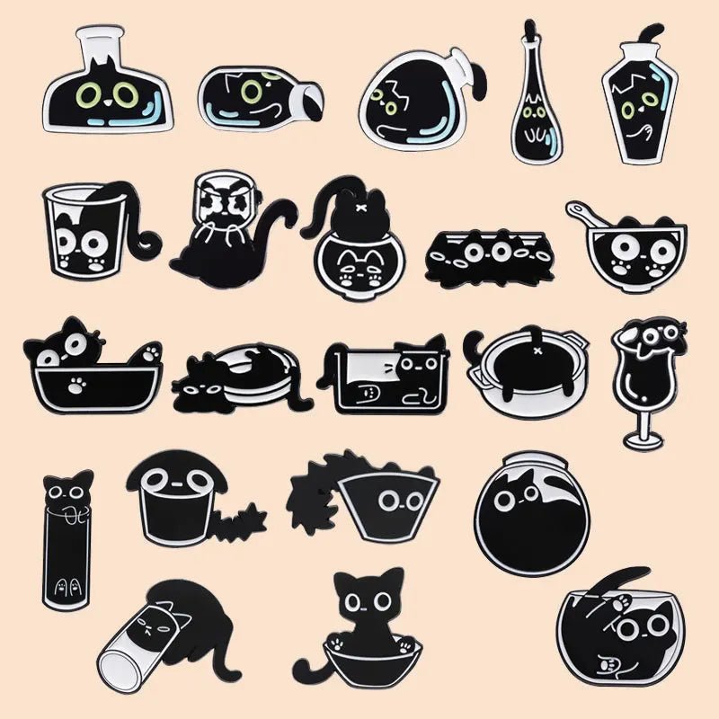 Cat and Cup Enamel Pin Set — Black Cat Badge Collection (5/10/20pcs)
