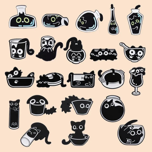 Cat and Cup Enamel Pin Set — Black Cat Badge Collection (5/10/20pcs)