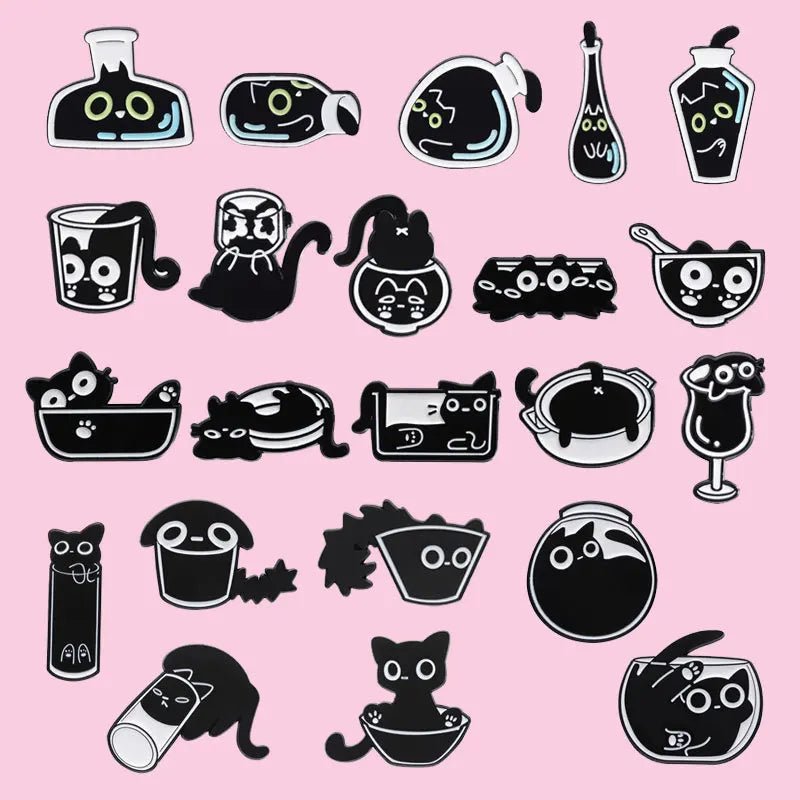 Cat and Cup Enamel Pin Set — Black Cat Badge Collection (5/10/20pcs)