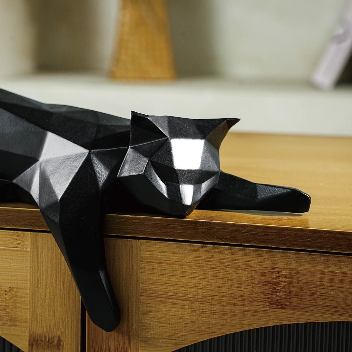 Geometric White & Black Cat Statue - Modern Lying Cat Figurine for Office & Home