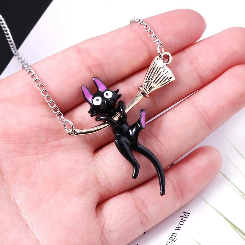 Black Cat on Broomstick Necklace