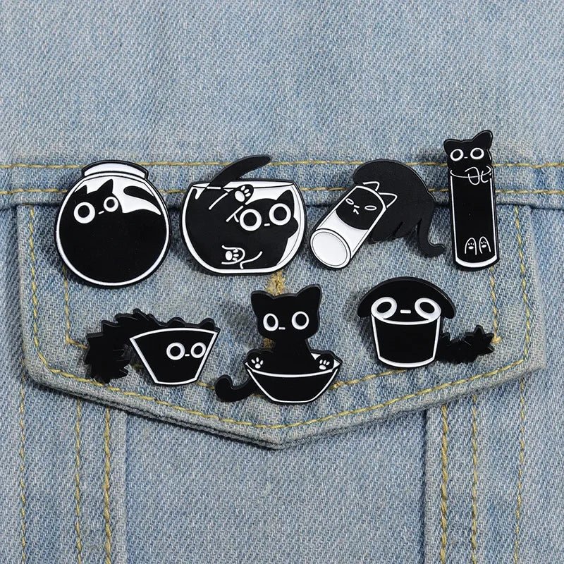 7pcs Cute Cat Enamel Pin Set — Black Kitten Terrarium Badge Collection