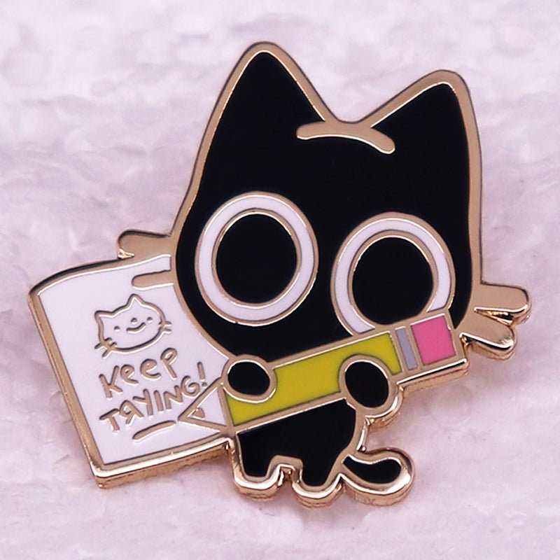 Keep Trying Black Cat Enamel Pin — Motivational Cat Brooch
