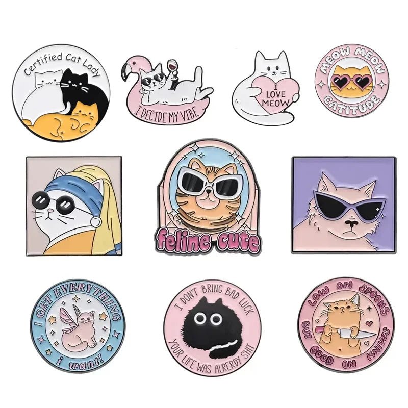 Cute Cat with Pink Heart Enamel Pin — Kawaii Kitten Lapel Badge