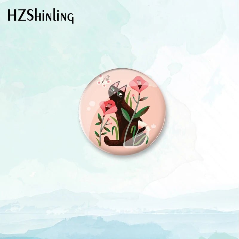 Cat and Plant Badge Brooch — Green Plants & Cats Pin for Backpacks