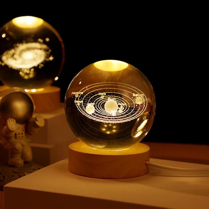 Solar System Crystal Ball — 8cm Laser-Engraved Planet Globe with LED Base