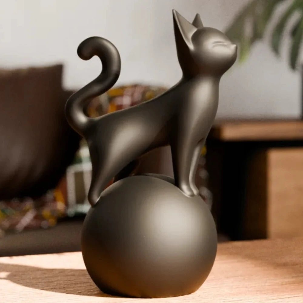 3D Black Cat on Ball Sculpture - Artistic Minimalist Statue Home Decor
