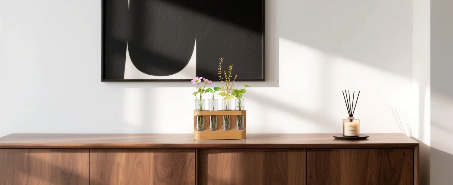 LED Plant Propagation Station — Wooden Stand with 4 Glass Test Tubes & Adjustable Grow Light