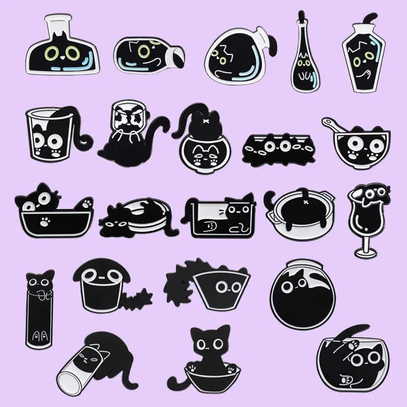 Cat and Cup Enamel Pin Set — Black Cat Badge Collection (5/10/20pcs)