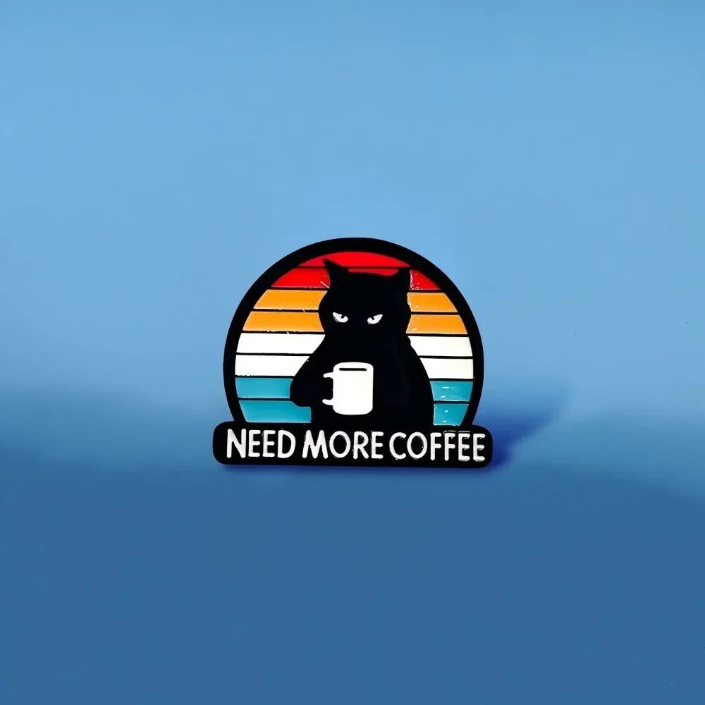 Funny Coffee Black Cat Enamel Pin — Cartoon Animal Badge for Backpacks