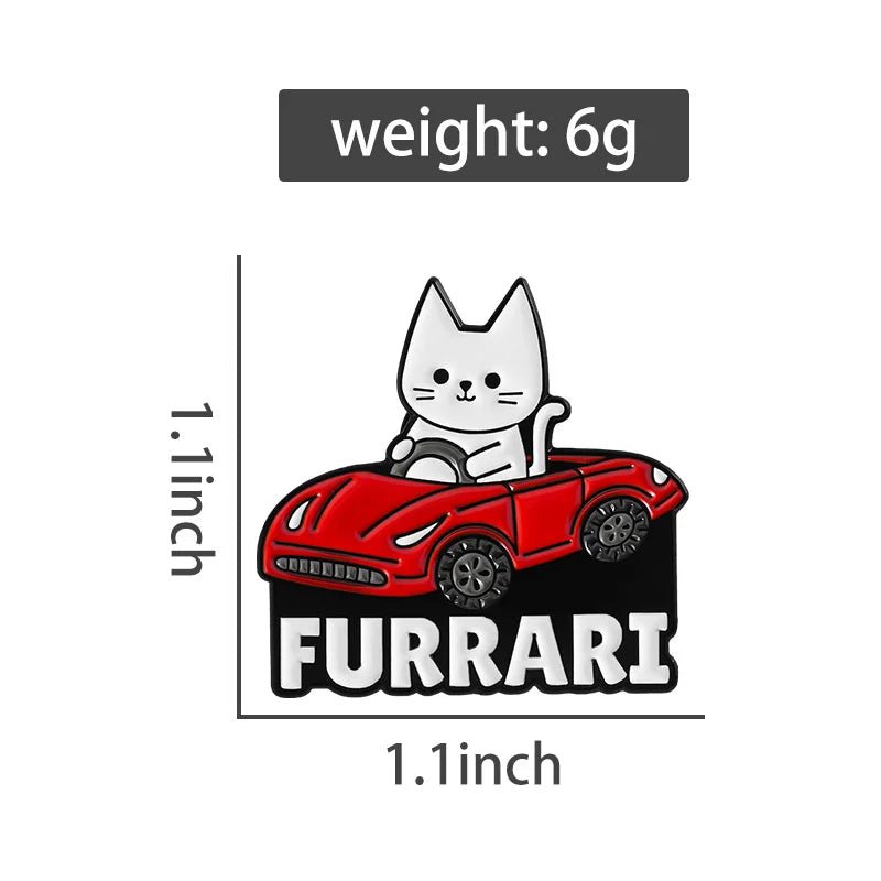 Supercar Cat Enamel Pin — White Cat Driving Sports Car Badge