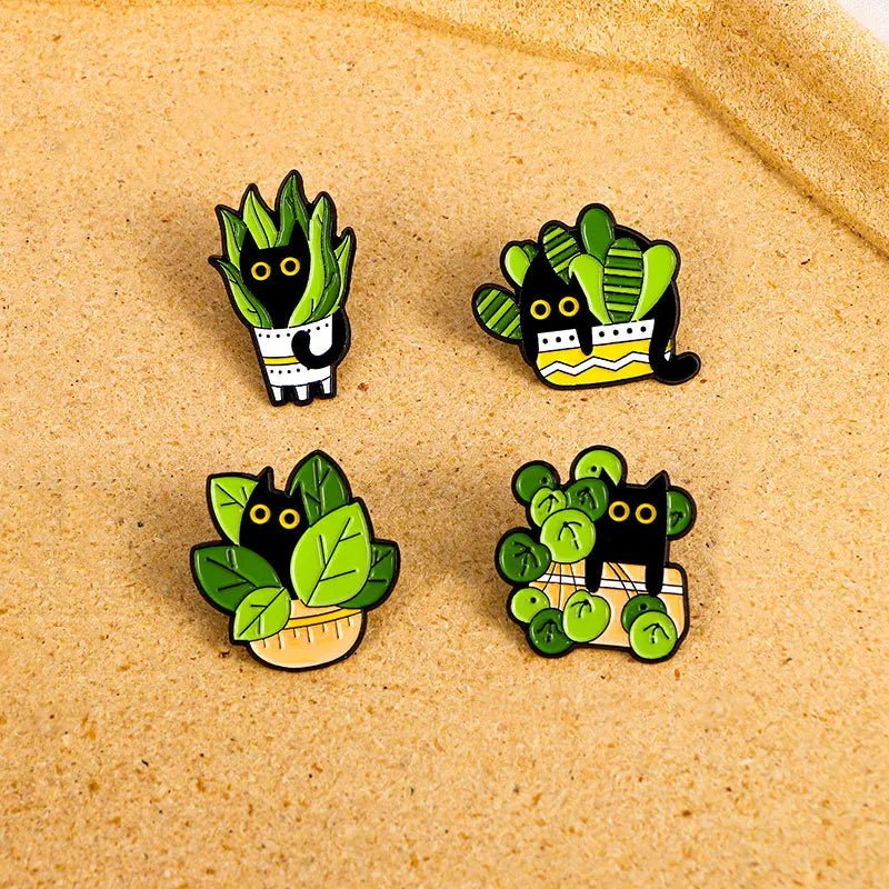 Cats in Plants Enamel Pin — Black Cat Potted Plant Badge