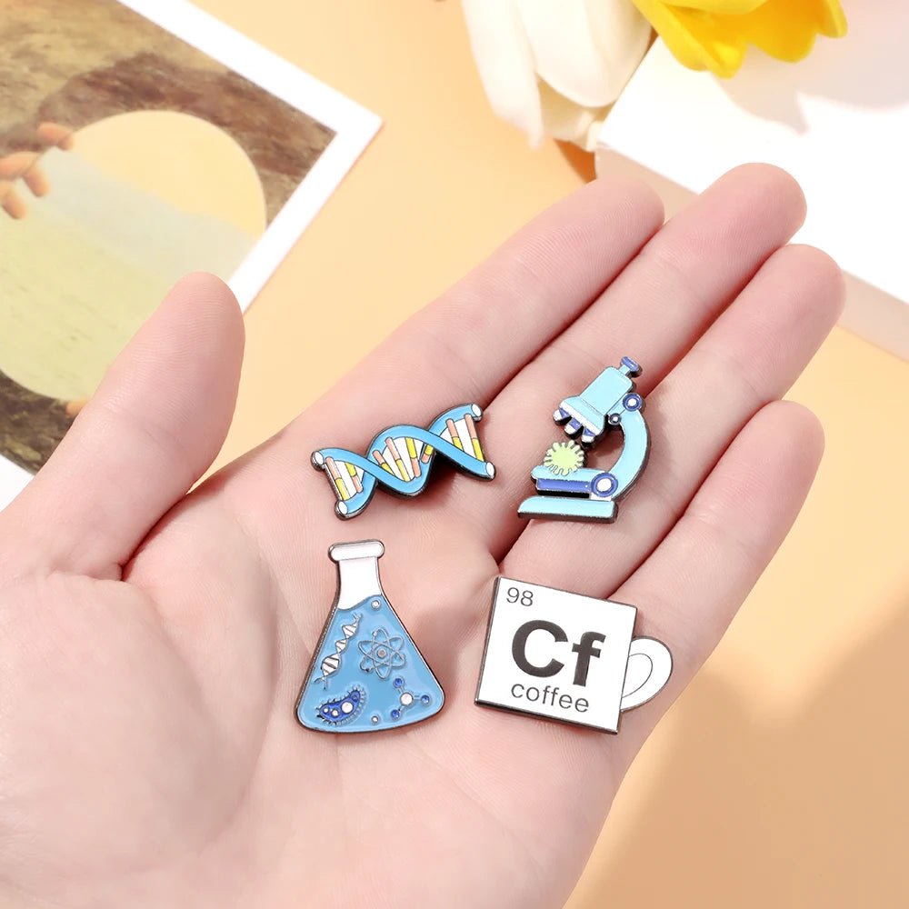 Chemistry Lab Enamel Pins — Beaker, Microscope & Molecule Badges for Science Lovers
