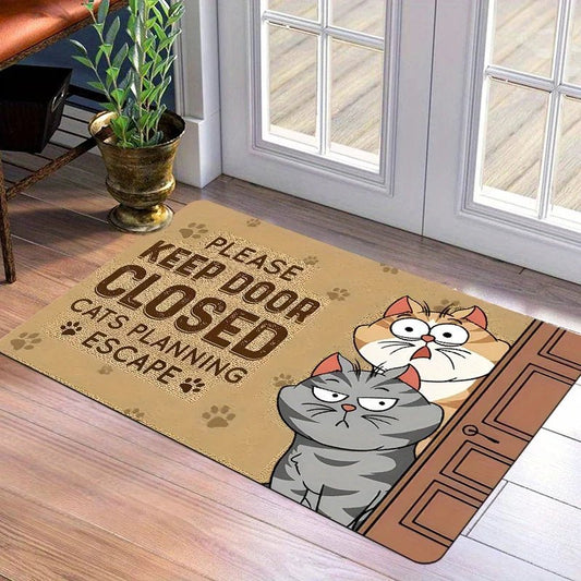 "Please Keep Door Closed, Cat Planning to Escape" Doormat — Non-Slip Polyester Mat