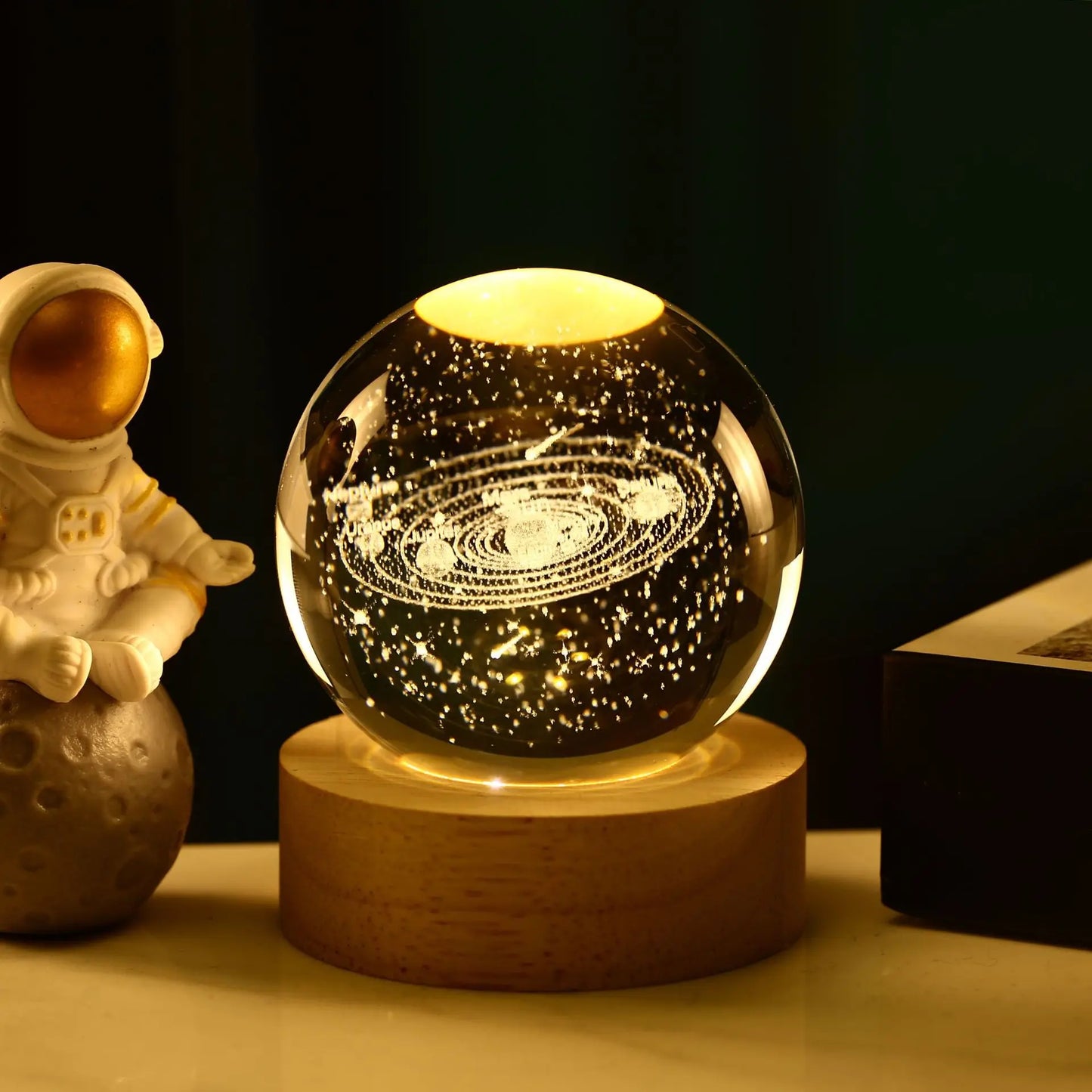 Solar System Crystal Ball — 8cm Laser-Engraved Planet Globe with LED Base