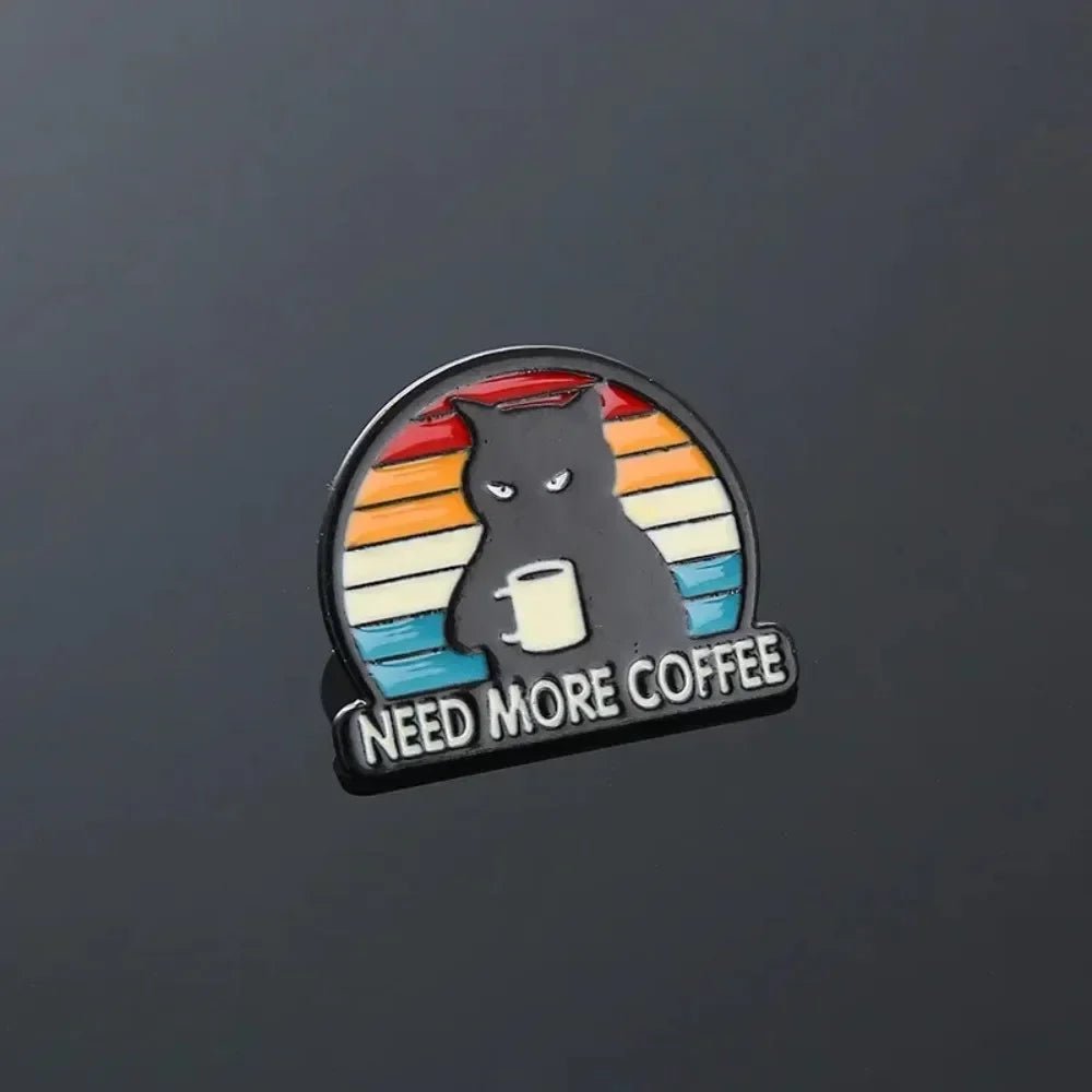 Funny Coffee Black Cat Enamel Pin — Cartoon Animal Badge for Backpacks