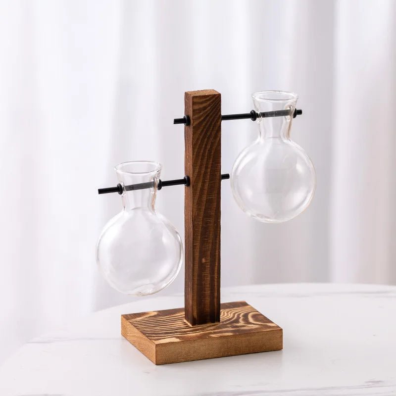 Hydroponic Glass Bulb Terrarium with Wooden Stand — Retro Air Plant Holder for Home & Office