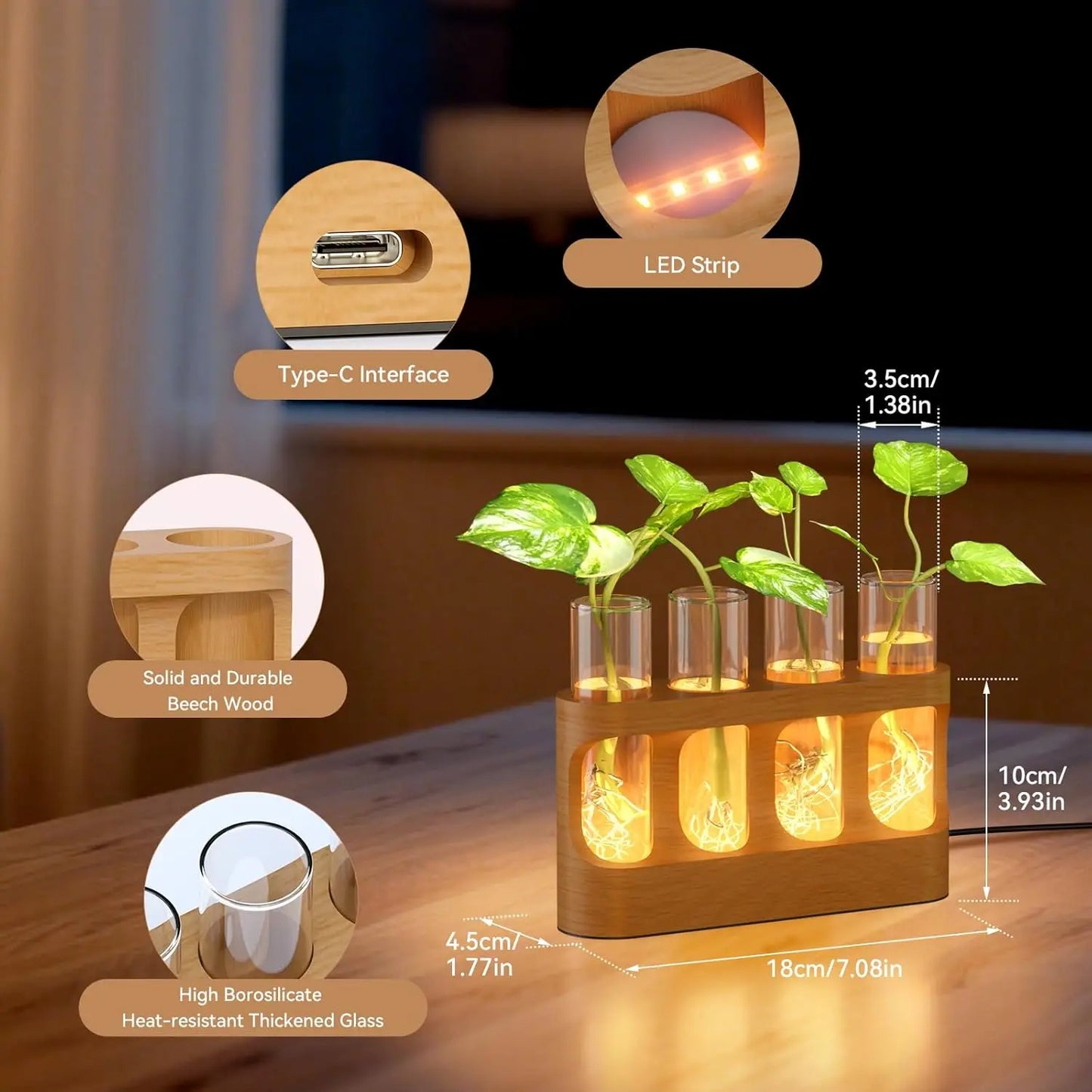 LED Plant Propagation Station — Wooden Stand with 4 Glass Test Tubes & Adjustable Grow Light