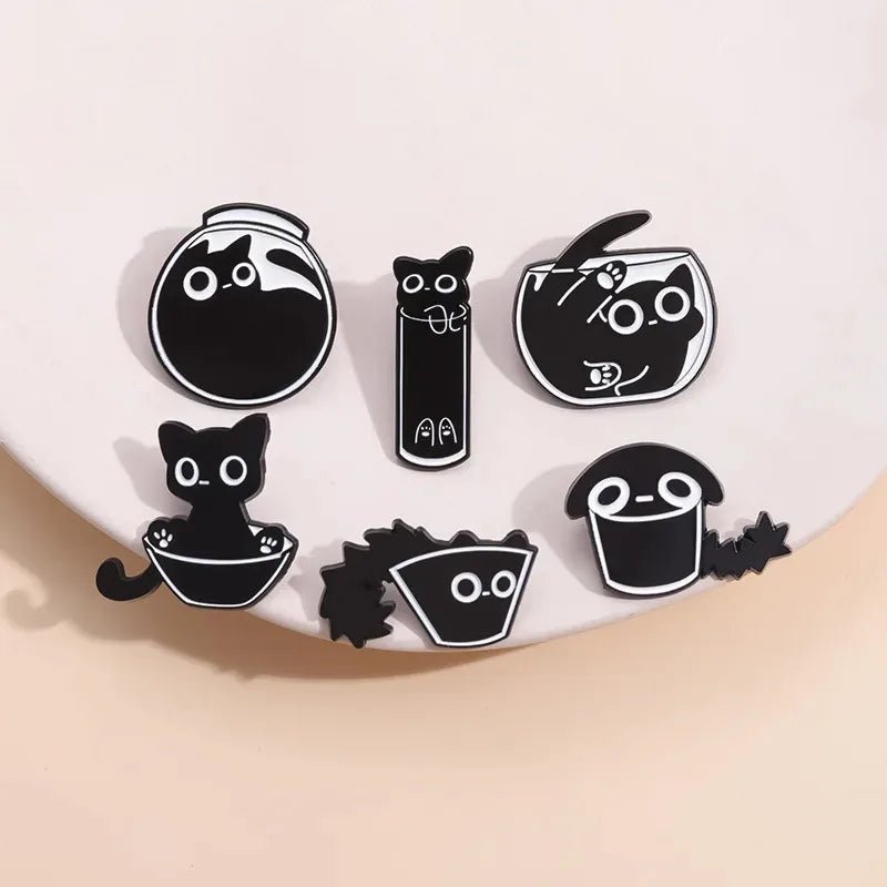 7pcs Cute Cat Enamel Pin Set — Black Kitten Terrarium Badge Collection
