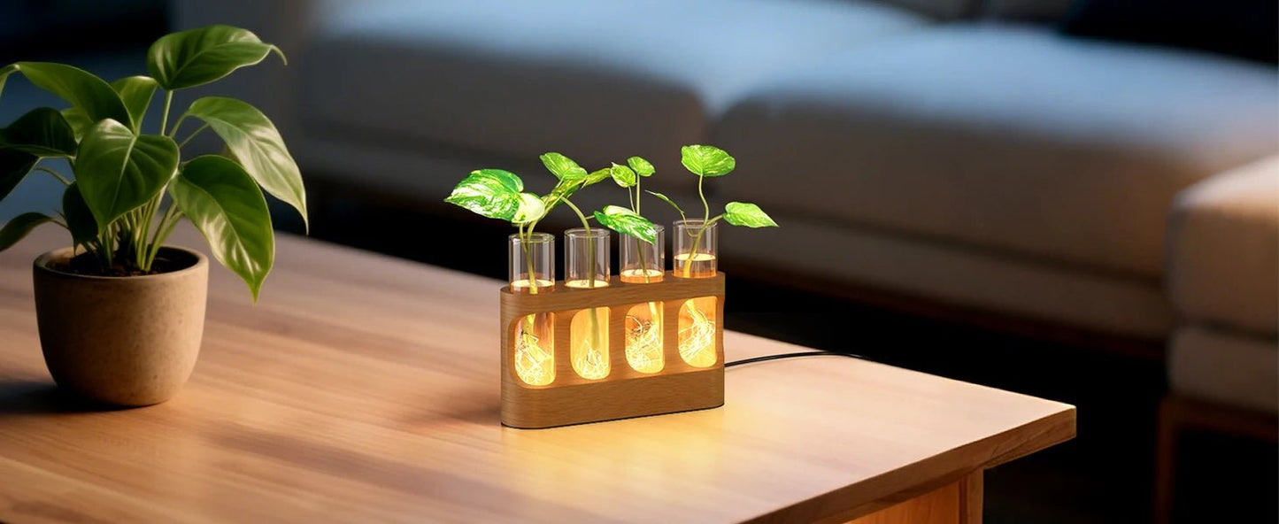 LED Plant Propagation Station — Wooden Stand with 4 Glass Test Tubes & Adjustable Grow Light