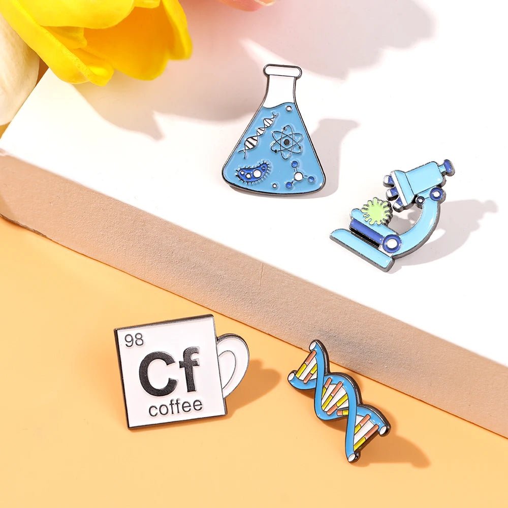 Chemistry Lab Enamel Pins — Beaker, Microscope & Molecule Badges for Science Lovers