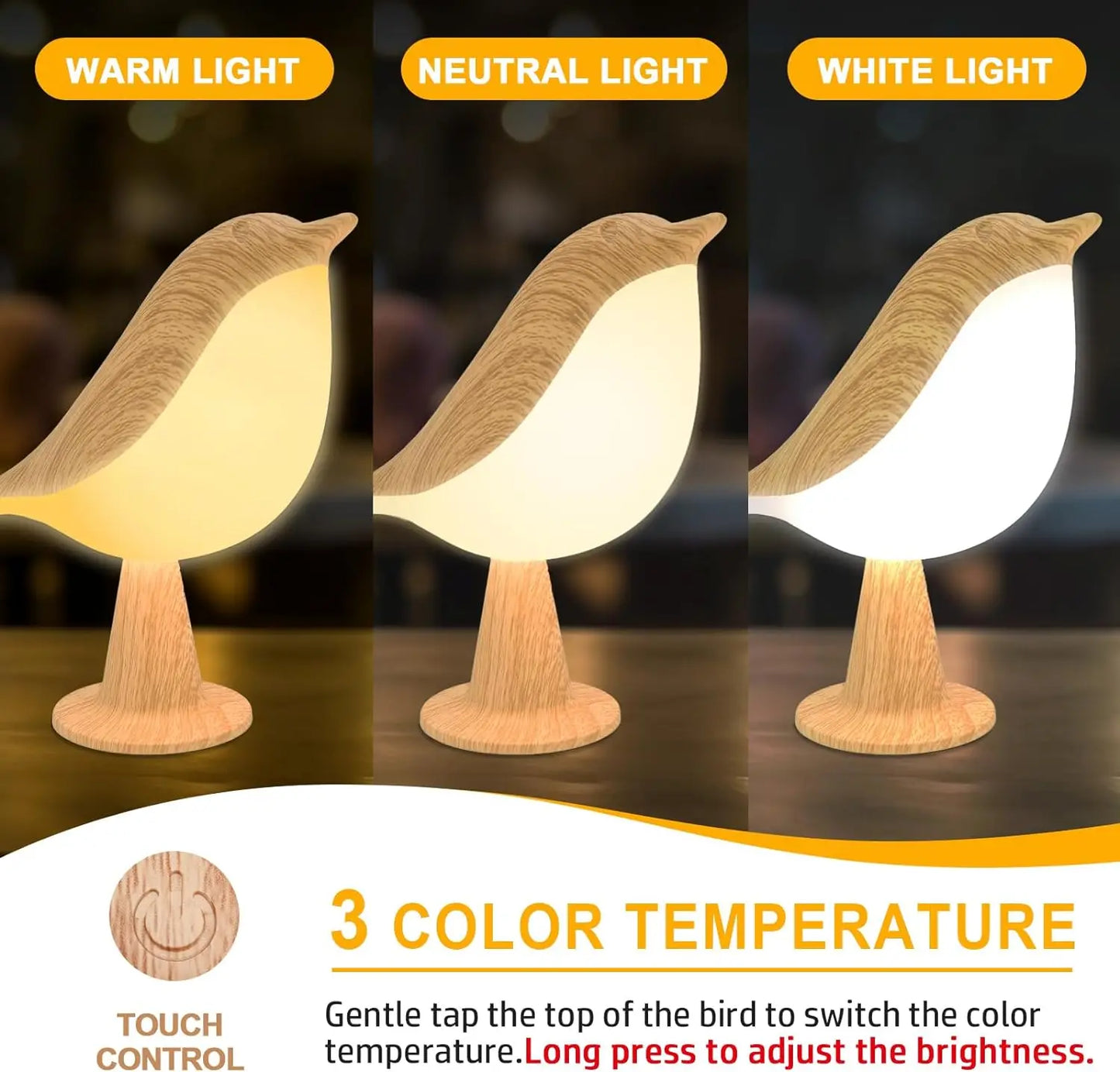 LED Touch-Control Bird Lamp — Rechargeable Dimmable Night Light with Art Deco Design