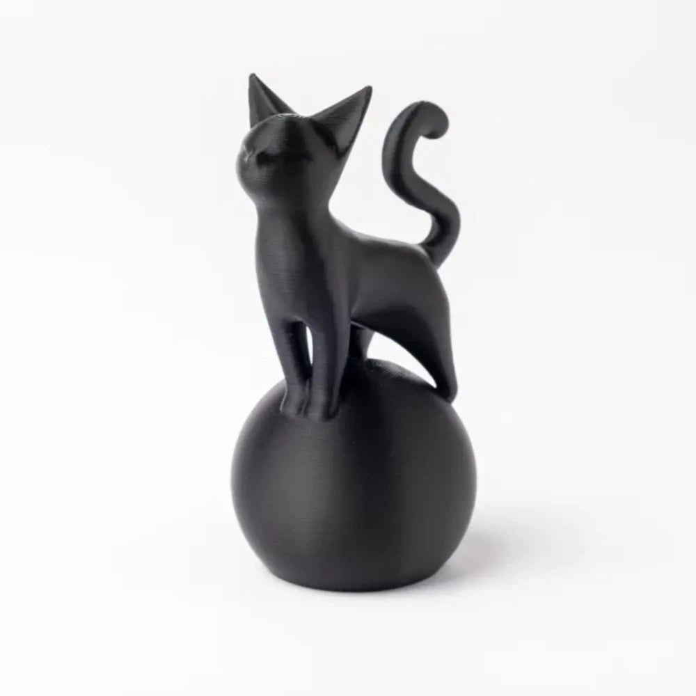3D Black Cat on Ball Sculpture - Artistic Minimalist Statue Home Decor