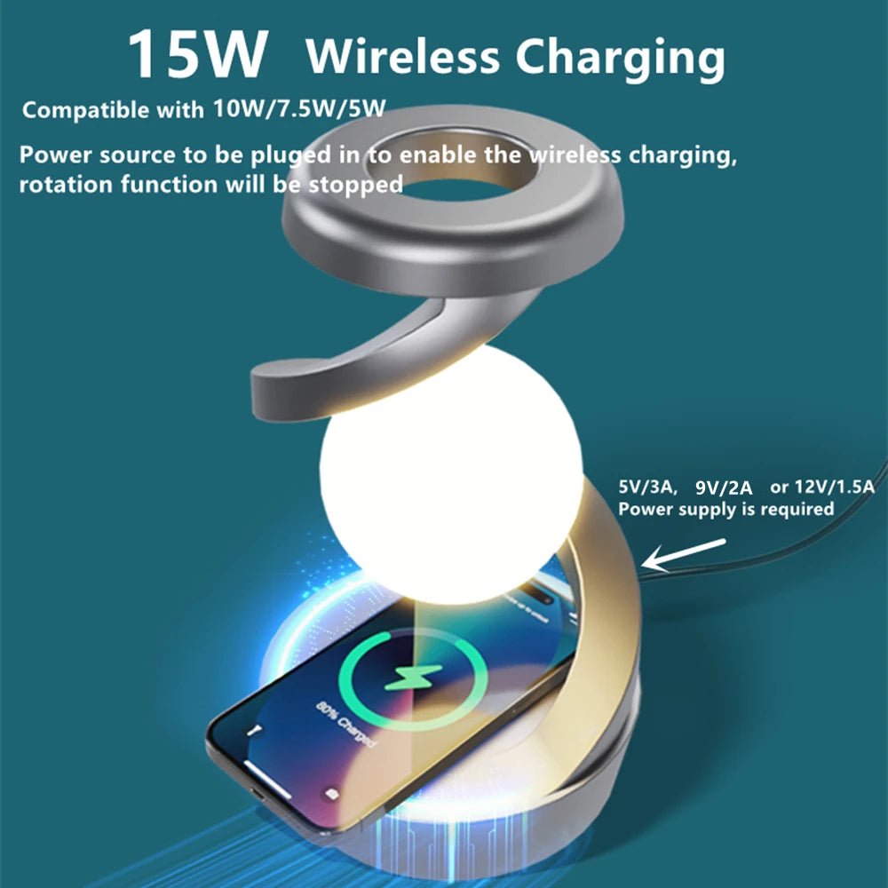 Rotating Floating Lamp with 15W Wireless Charger — RGB LED Night Light & Phone Charger