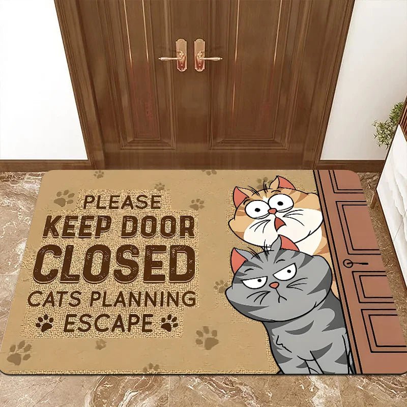"Please Keep Door Closed, Cat Planning to Escape" Doormat — Non-Slip Polyester Mat