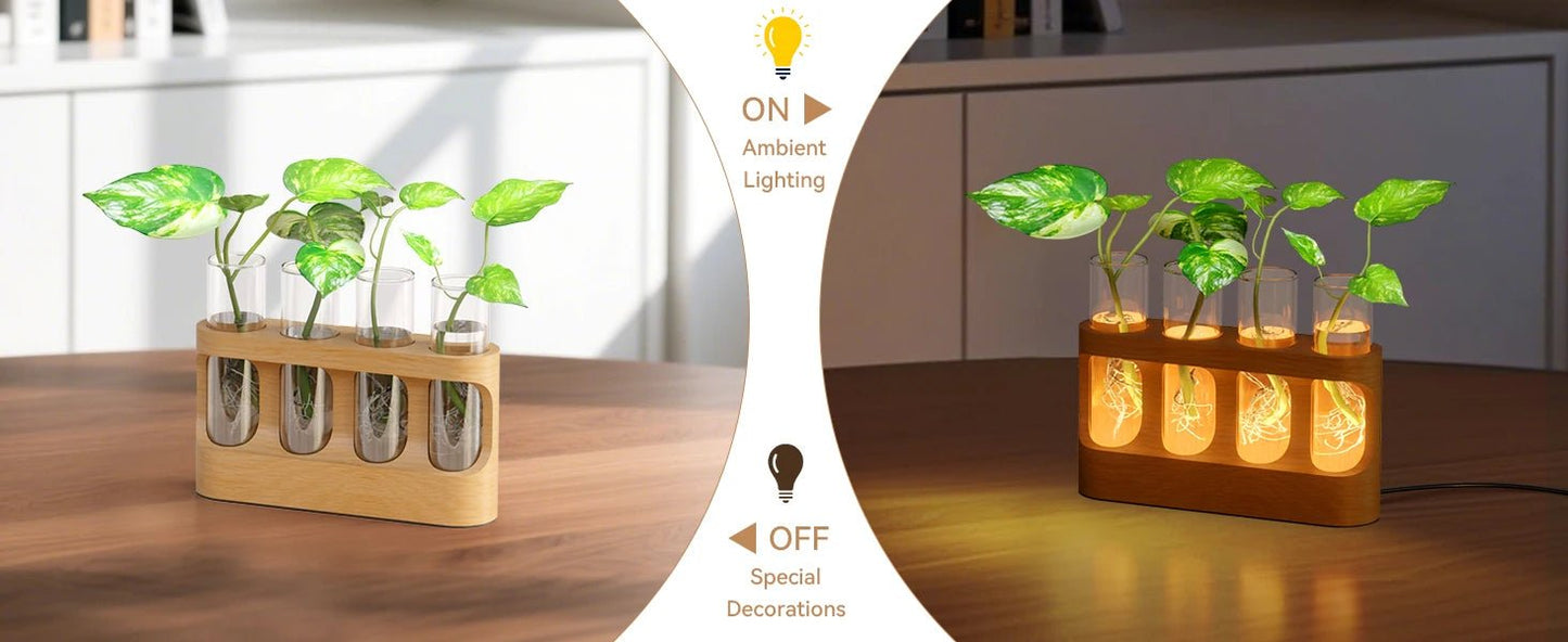 LED Plant Propagation Station — Wooden Stand with 4 Glass Test Tubes & Adjustable Grow Light