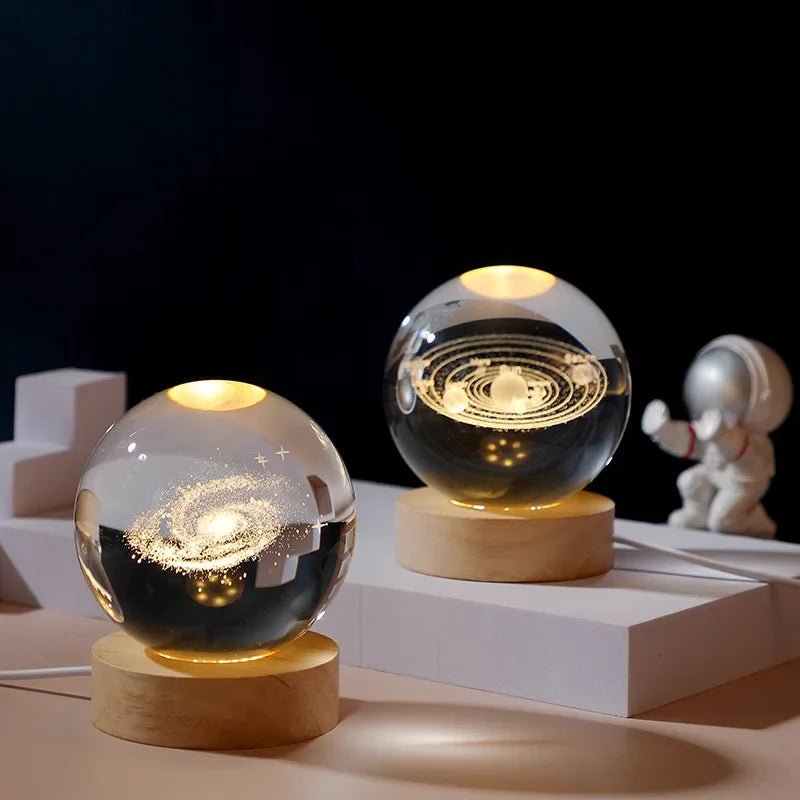 Galaxy Crystal Ball Moon Lamp — 3D LED Night Light with Wooden Base