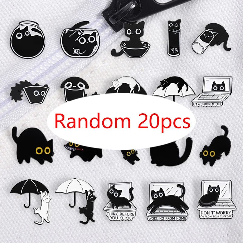20pcs Random Black Cat Enamel Pin Set — Bulk Cat Badge Collection