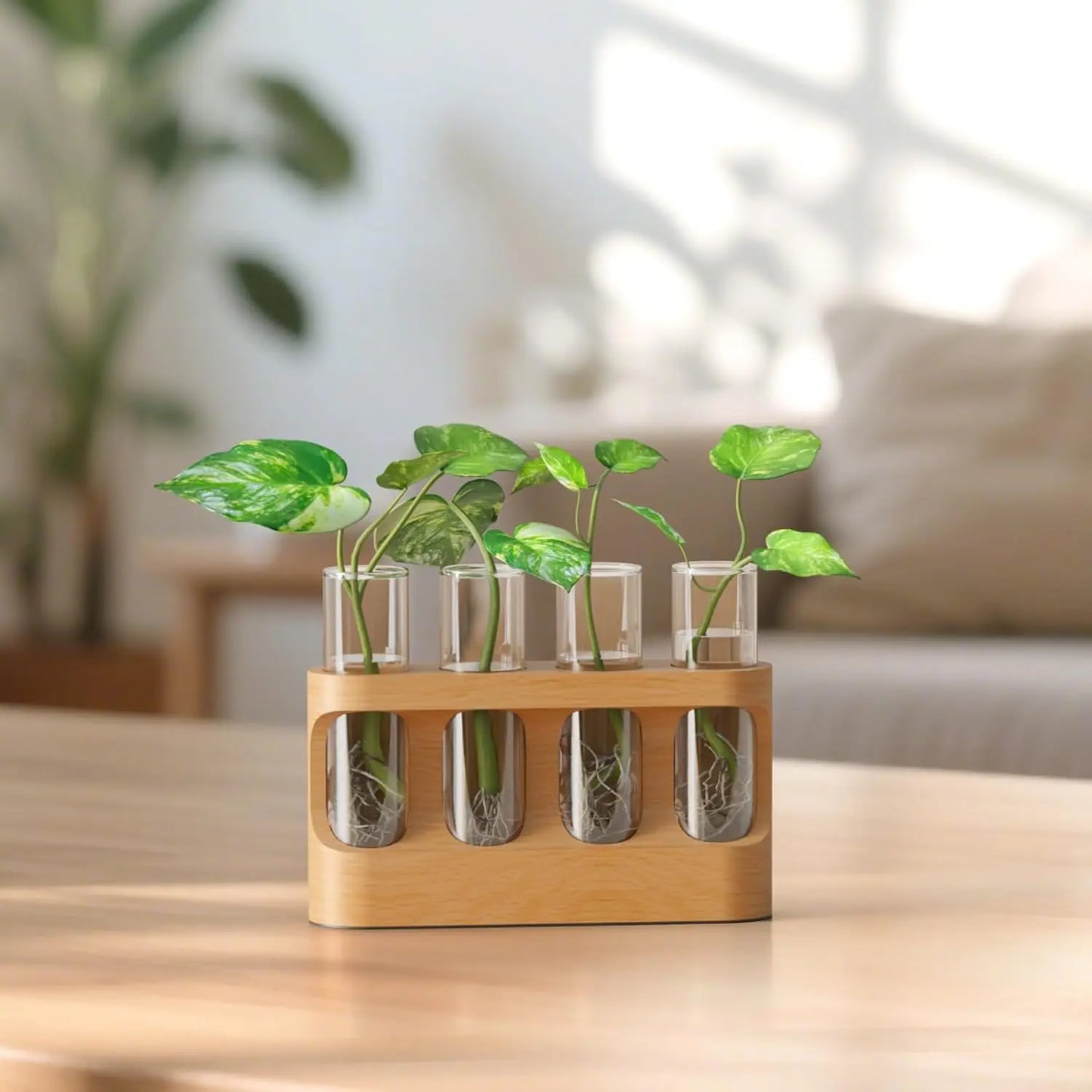 LED Plant Propagation Station — Wooden Stand with 4 Glass Test Tubes & Adjustable Grow Light