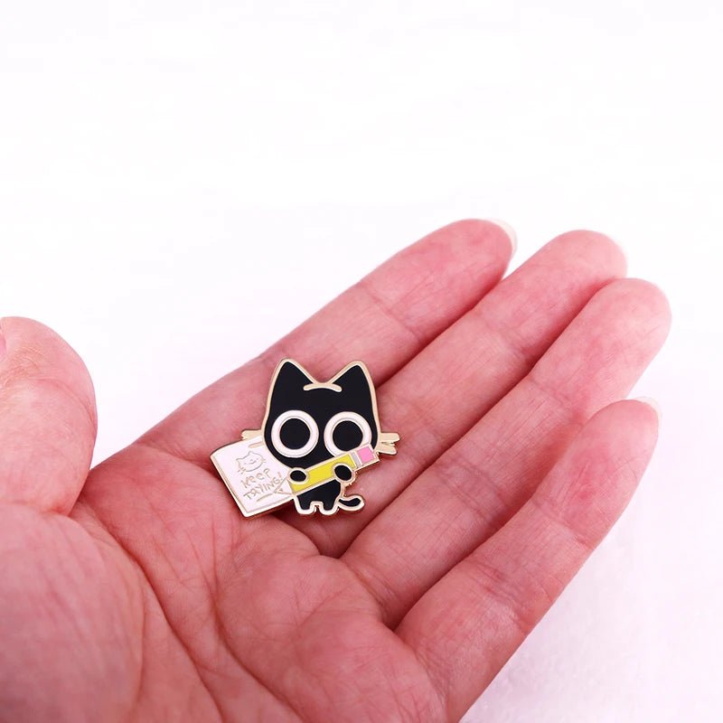 Keep Trying Black Cat Enamel Pin — Motivational Cat Brooch