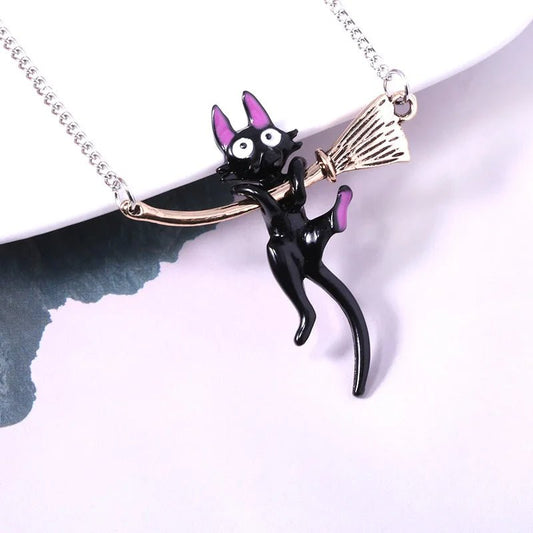 Black Cat on Broomstick Necklace
